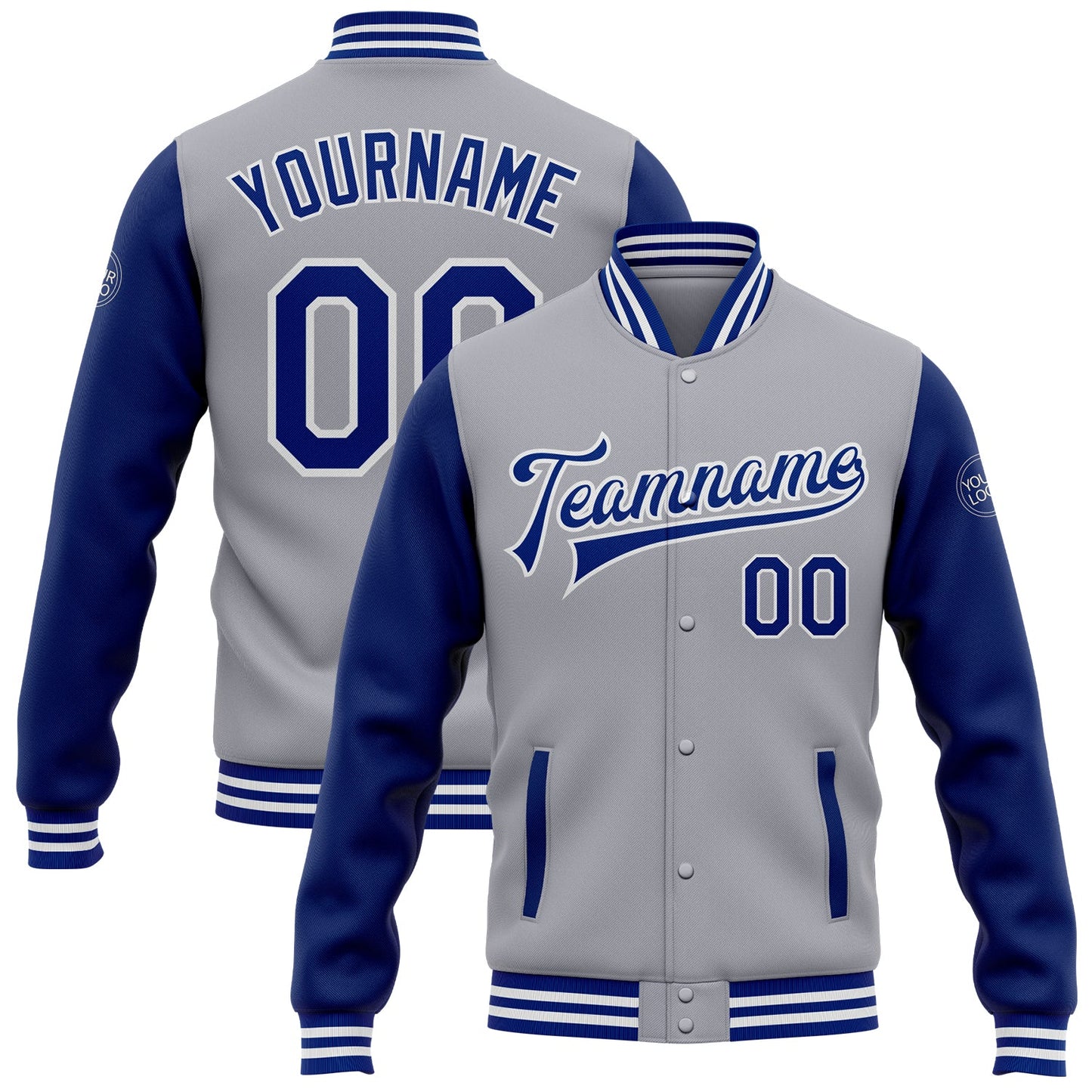 Custom Gray Royal-White Bomber Full-Snap Varsity Letterman Two Tone Jacket - Main View