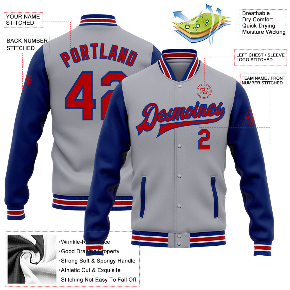 Custom Gray Red-Royal Bomber Full-Snap Varsity Letterman Two Tone Jacket view 5