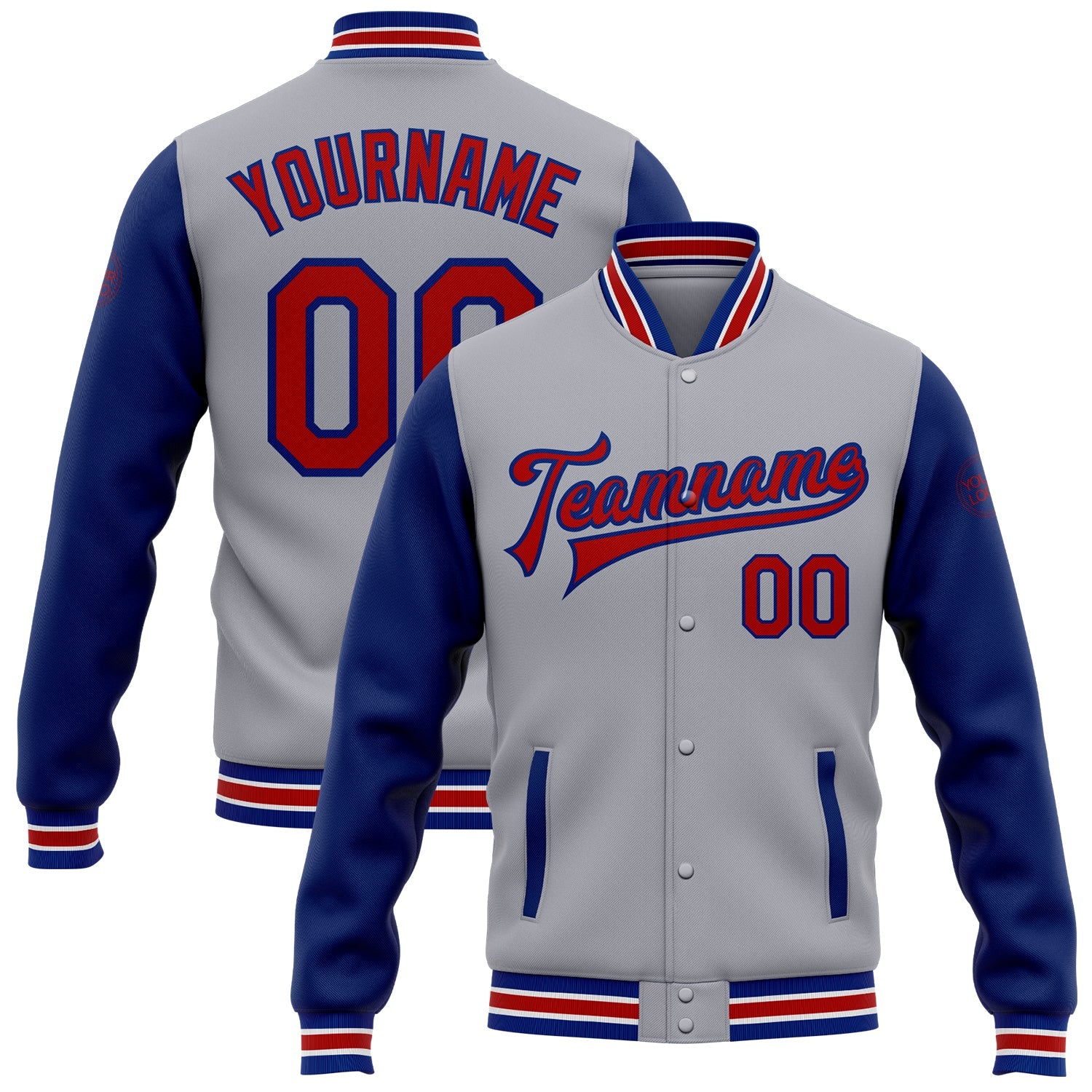 Custom Gray Red-Royal Bomber Full-Snap Varsity Letterman Two Tone Jacket - Main View