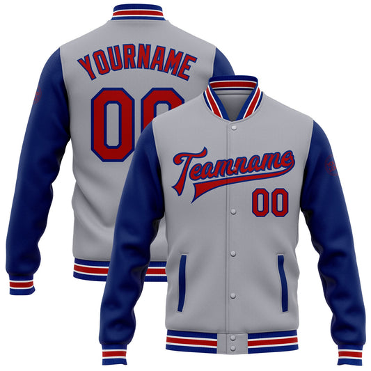 Custom Gray Red-Royal Bomber Full-Snap Varsity Letterman Two Tone Jacket - Main View