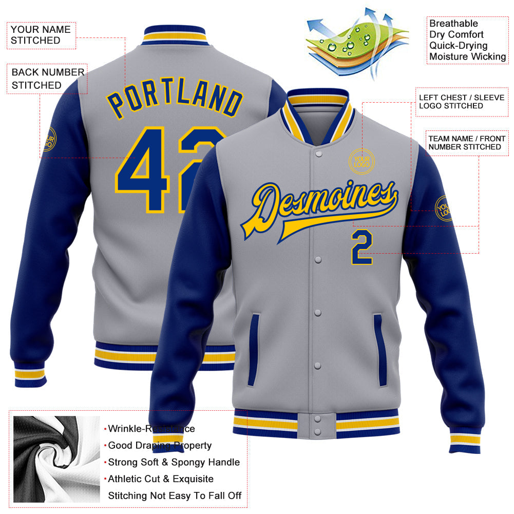 Custom Gray Royal-Yellow Bomber Full-Snap Varsity Letterman Two Tone Jacket view 5