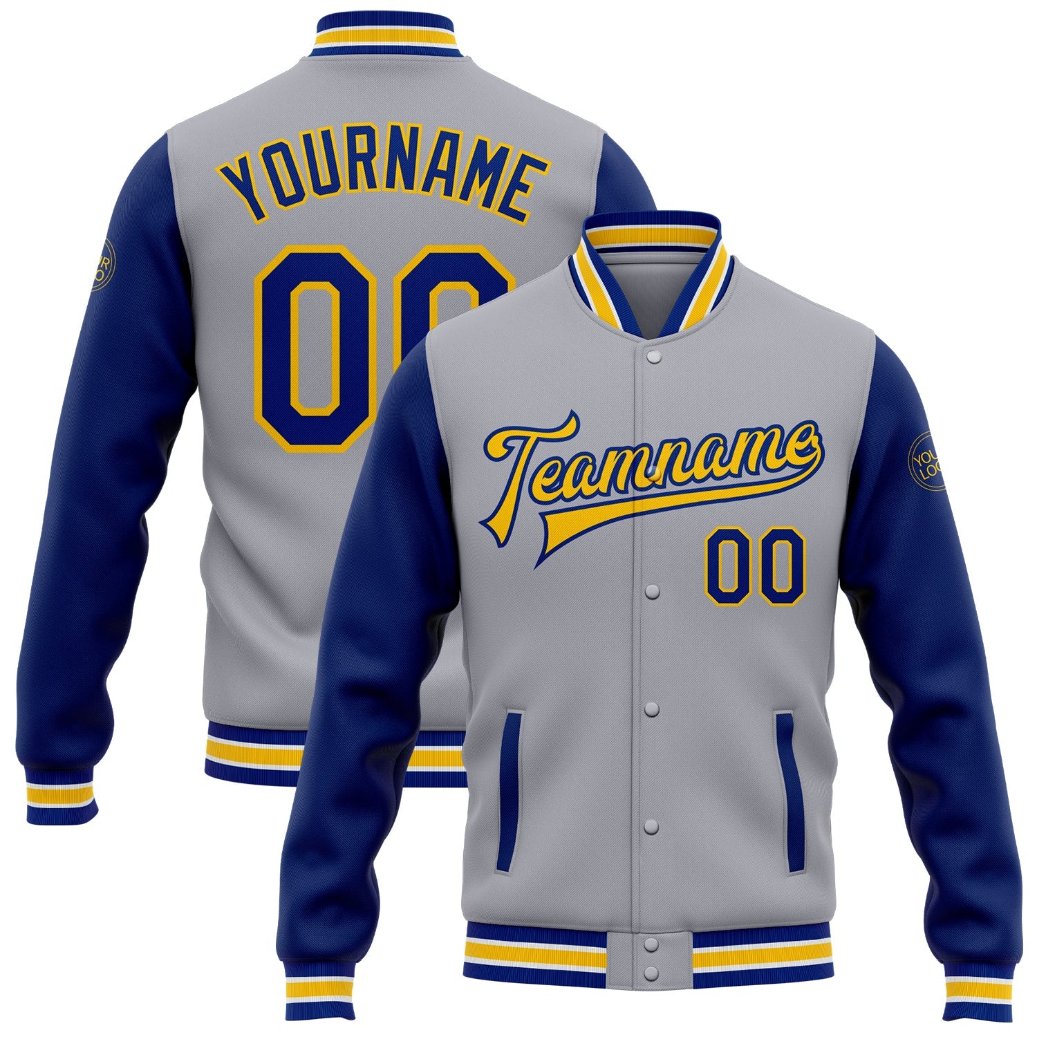 Custom Gray Royal-Yellow Bomber Full-Snap Varsity Letterman Two Tone Jacket - Main View