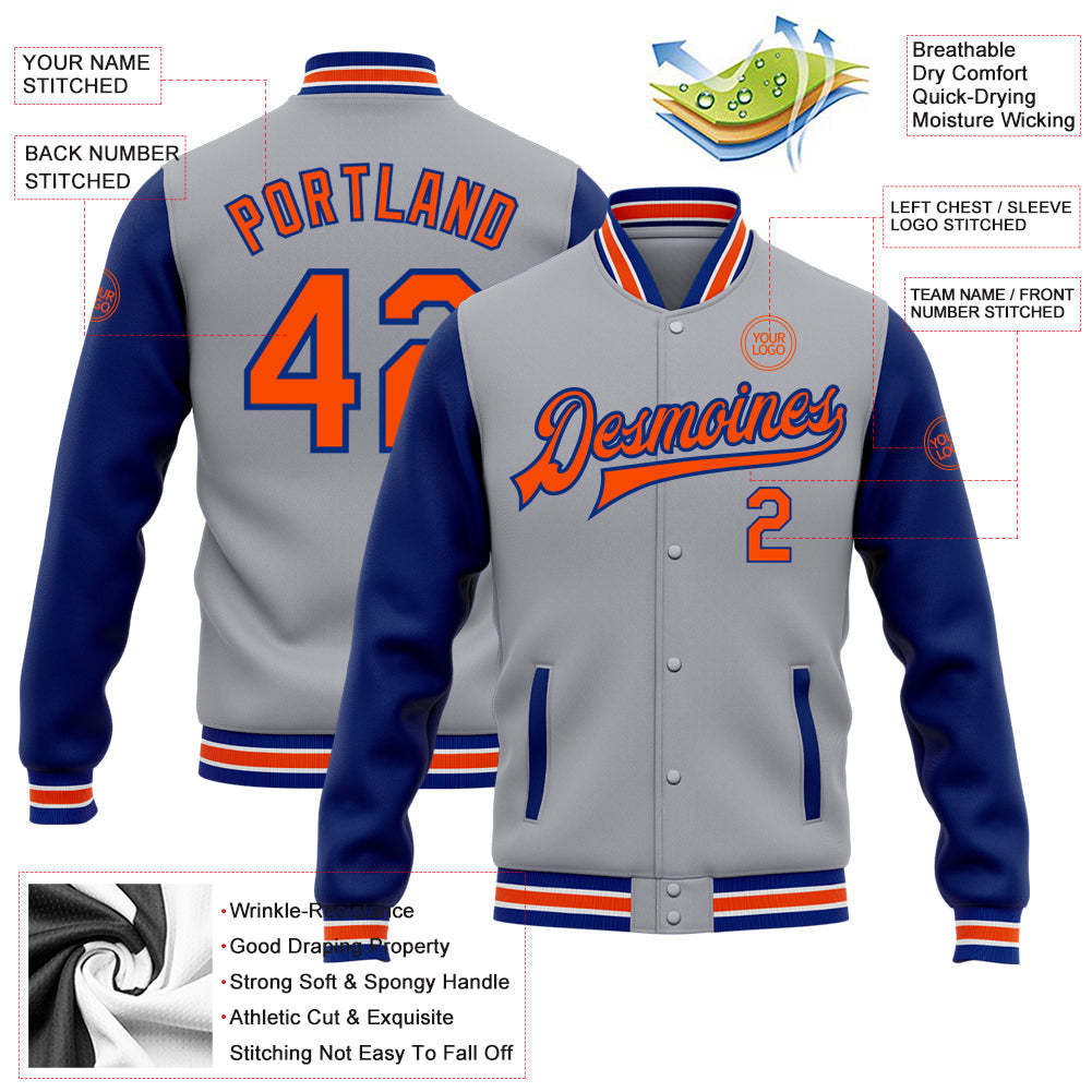 Custom Gray Orange-Royal Bomber Full-Snap Varsity Letterman Two Tone Jacket view 5