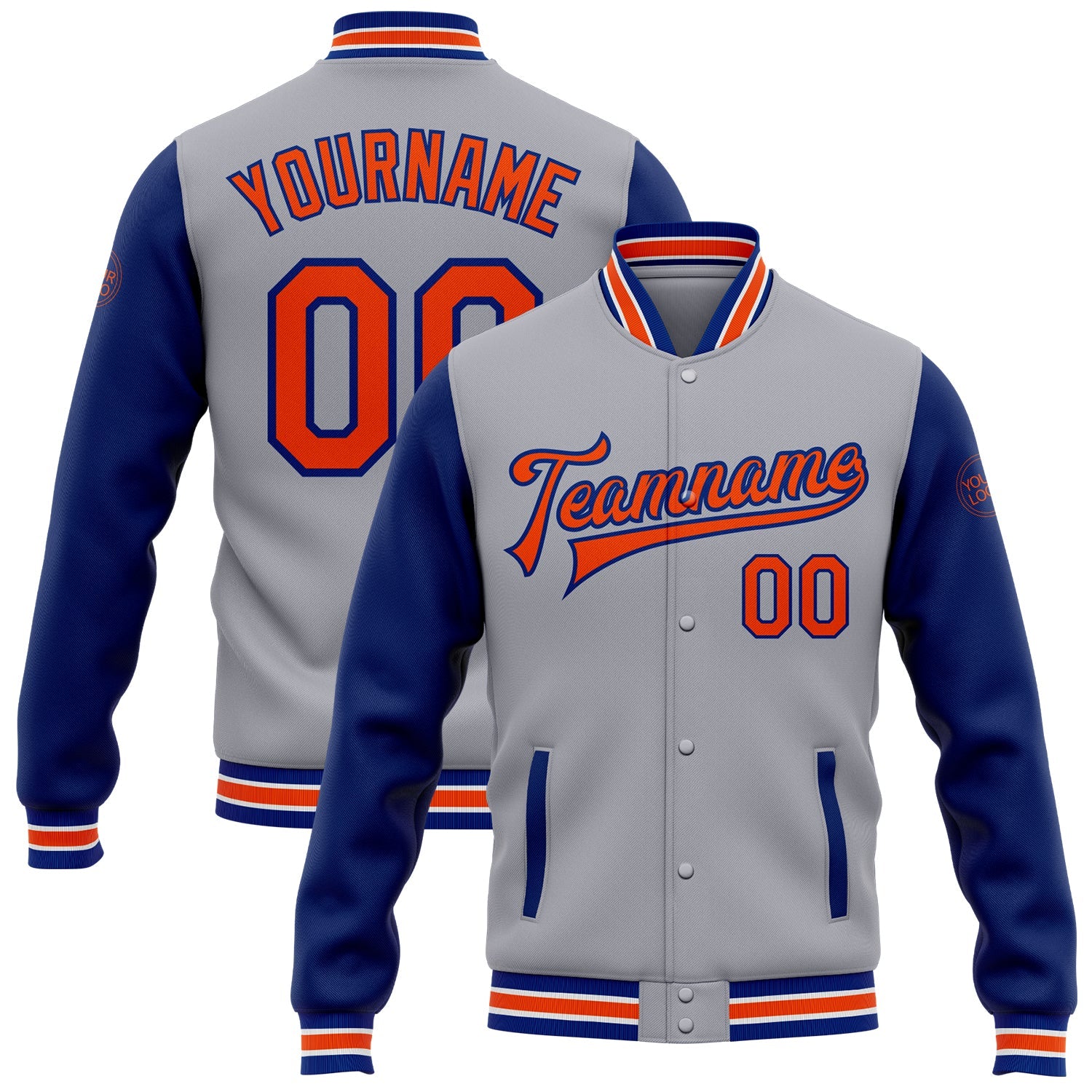 Custom Gray Orange-Royal Bomber Full-Snap Varsity Letterman Two Tone Jacket - Main View