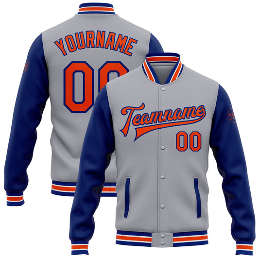Custom Gray Orange-Royal Bomber Full-Snap Varsity Letterman Two Tone Jacket - Main View