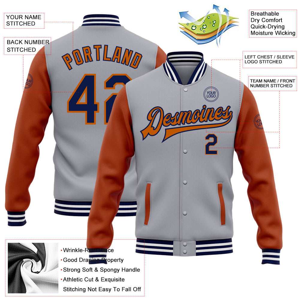 Custom Gray Navy-Texas Orange Bomber Full-Snap Varsity Letterman Two Tone Jacket view 5