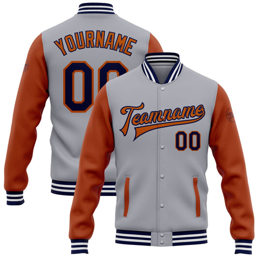 Custom Gray Navy-Texas Orange Bomber Full-Snap Varsity Letterman Two Tone Jacket - Main View