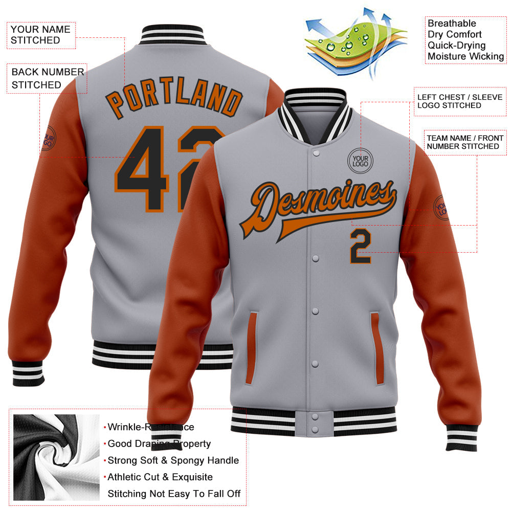 Custom Gray Black-Texas Orange Bomber Full-Snap Varsity Letterman Two Tone Jacket view 5