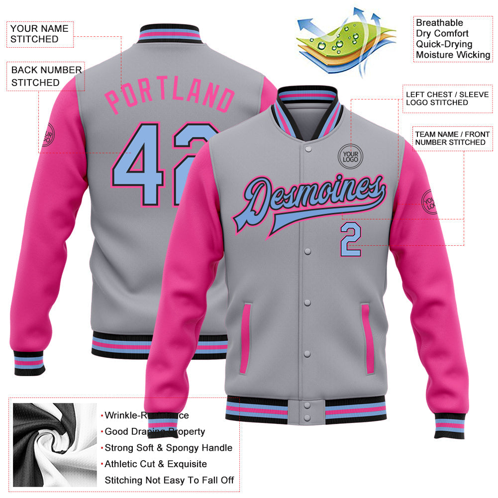 Custom Gray Light Blue Black-Pink Bomber Full-Snap Varsity Letterman Two Tone Jacket view 5