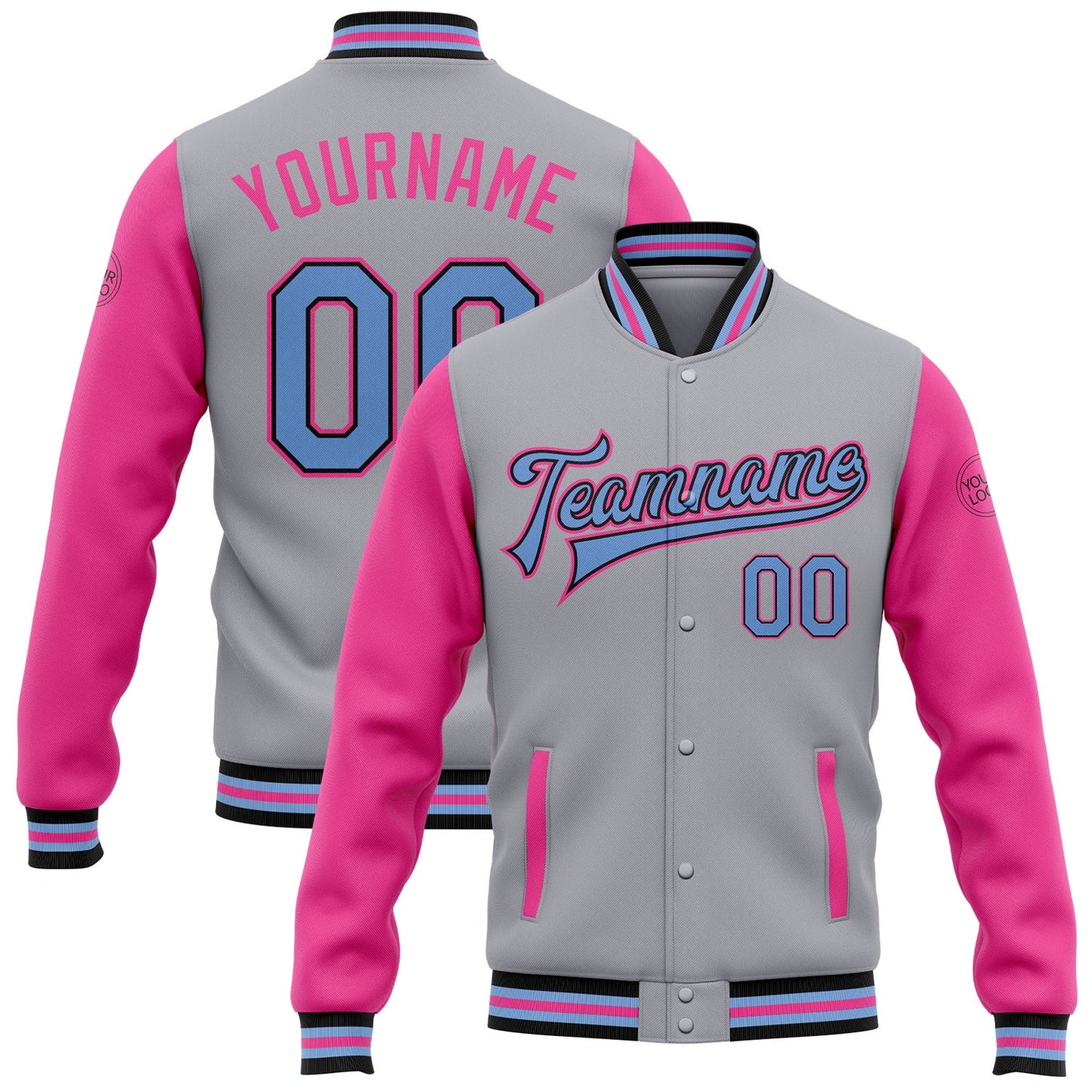 Custom Gray Light Blue Black-Pink Bomber Full-Snap Varsity Letterman Two Tone Jacket - Main View