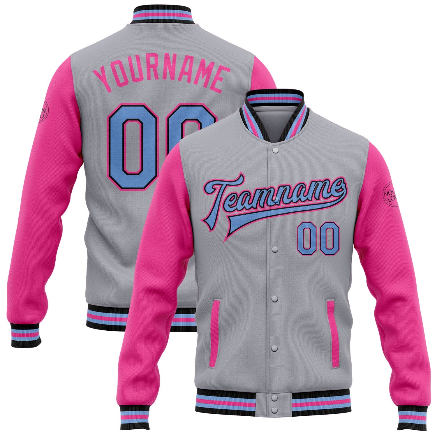 Custom Gray Light Blue Black-Pink Bomber Full-Snap Varsity Letterman Two Tone Jacket - Main View
