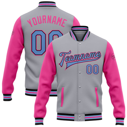 Custom Gray Light Blue Black-Pink Bomber Full-Snap Varsity Letterman Two Tone Jacket - Main View