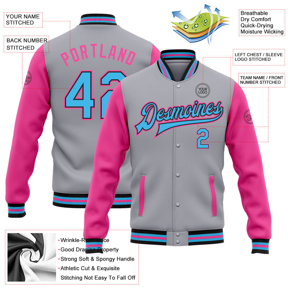 Custom Gray Sky Blue Black-Pink Bomber Full-Snap Varsity Letterman Two Tone Jacket view 5