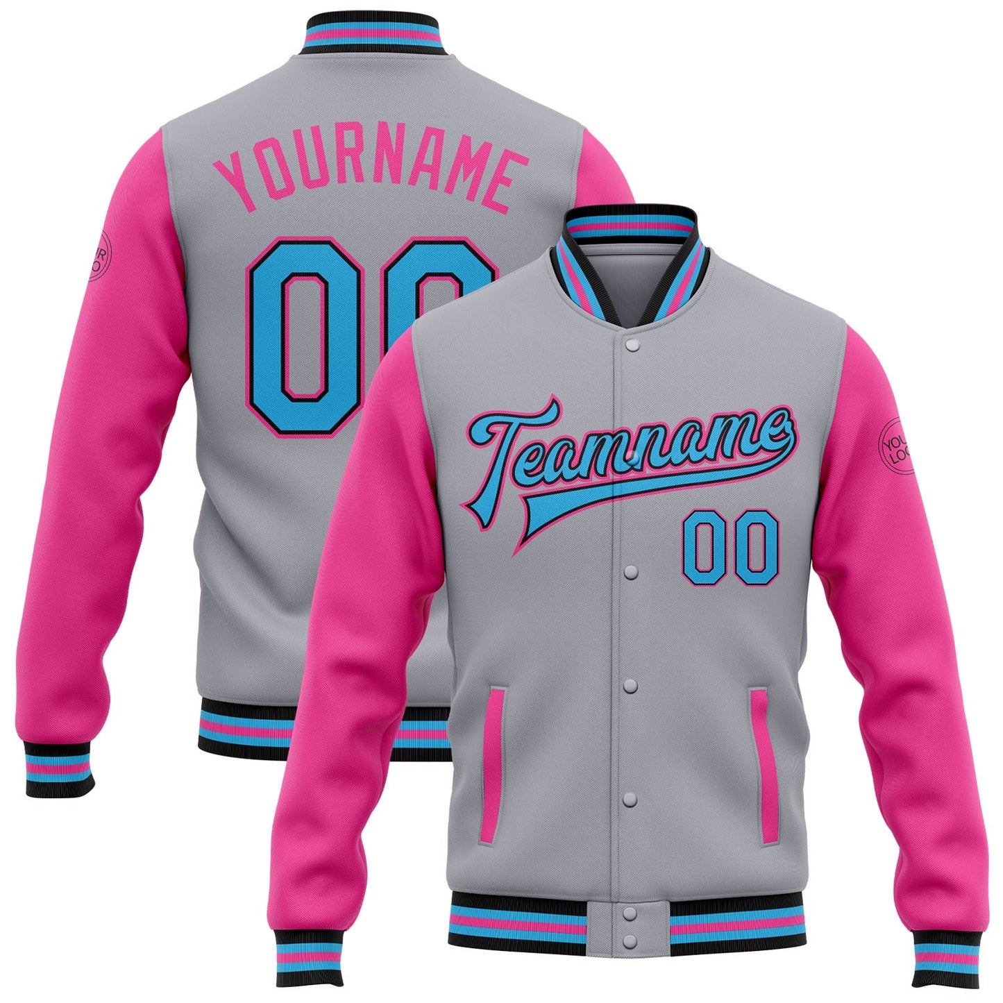 Custom Gray Sky Blue Black-Pink Bomber Full-Snap Varsity Letterman Two Tone Jacket - Main View