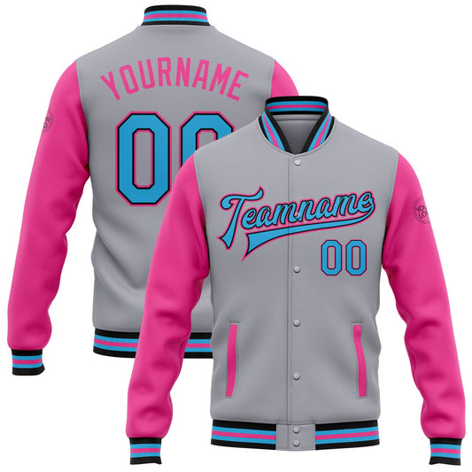 Custom Gray Sky Blue Black-Pink Bomber Full-Snap Varsity Letterman Two Tone Jacket - Main View