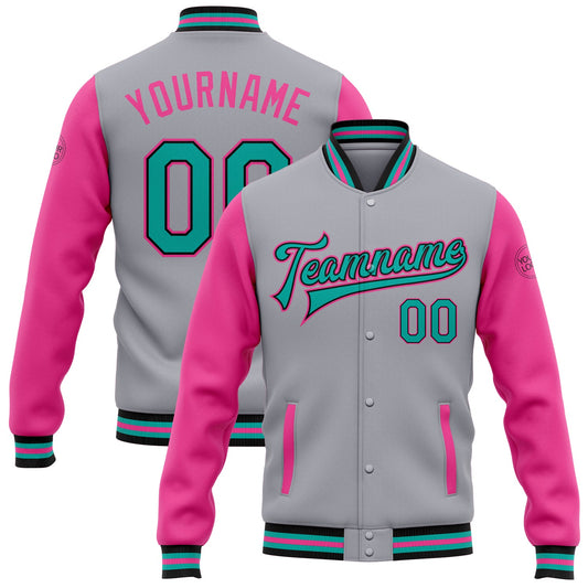 Custom Gray Aqua Black-Pink Bomber Full-Snap Varsity Letterman Two Tone Jacket - Main View