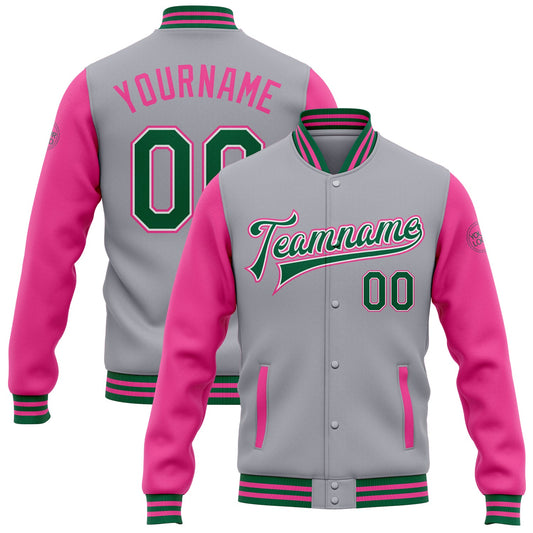 Custom Gray Kelly Green White-Pink Bomber Full-Snap Varsity Letterman Two Tone Jacket - Main View