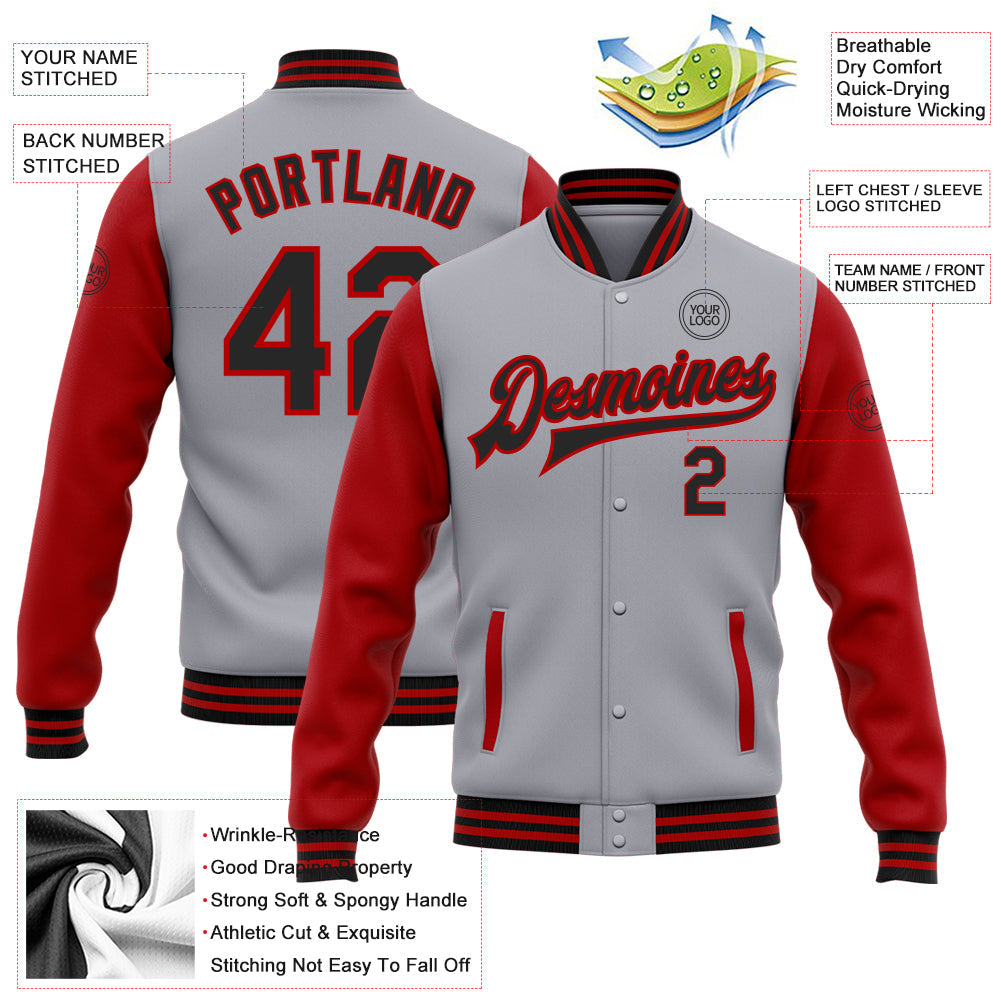 Custom Gray Black-Red Bomber Full-Snap Varsity Letterman Two Tone Jacket view 5