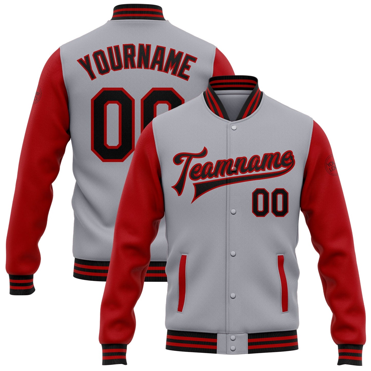 Custom Gray Black-Red Bomber Full-Snap Varsity Letterman Two Tone Jacket - Main View