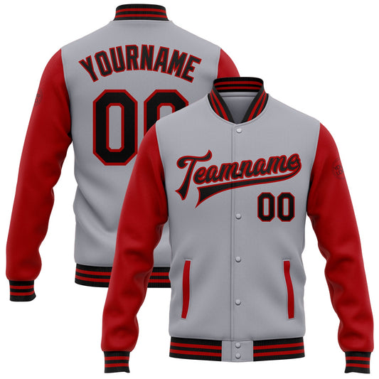Custom Gray Black-Red Bomber Full-Snap Varsity Letterman Two Tone Jacket - Main View