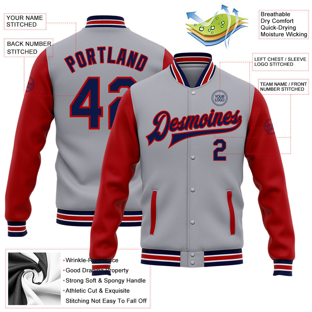 Custom Gray Navy-Red Bomber Full-Snap Varsity Letterman Two Tone Jacket view 5