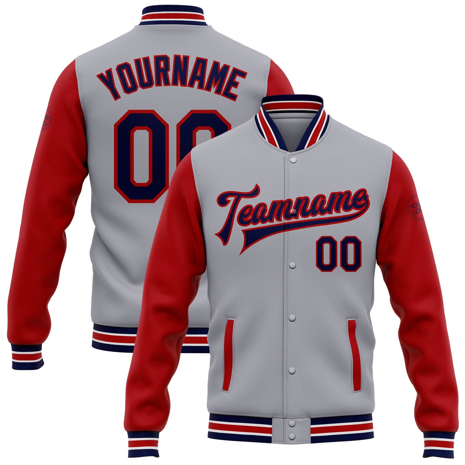 Custom Gray Navy-Red Bomber Full-Snap Varsity Letterman Two Tone Jacket - Main View