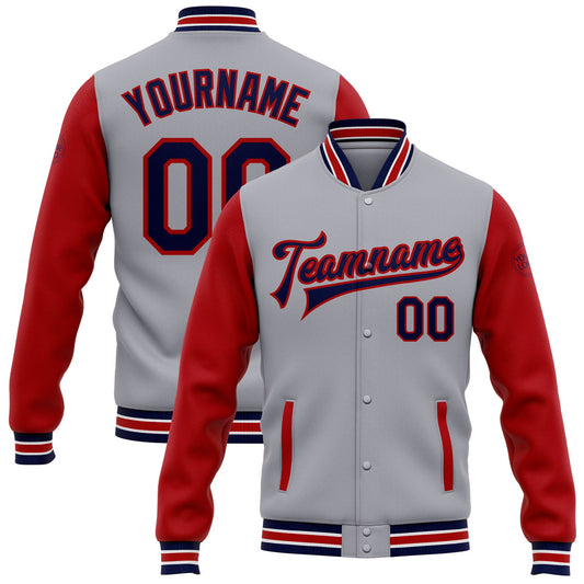 Custom Gray Navy-Red Bomber Full-Snap Varsity Letterman Two Tone Jacket - Main View