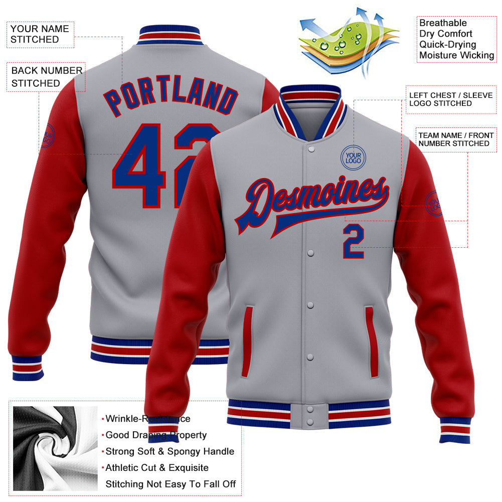 Custom Gray Royal-Red Bomber Full-Snap Varsity Letterman Two Tone Jacket view 5