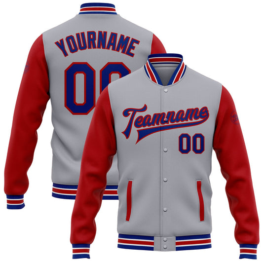 Custom Gray Royal-Red Bomber Full-Snap Varsity Letterman Two Tone Jacket - Main View