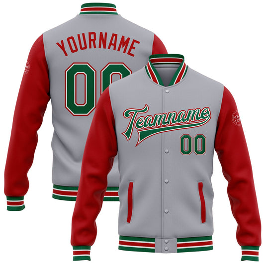Custom Gray Kelly Green-Red Bomber Full-Snap Varsity Letterman Two Tone Jacket - Main View