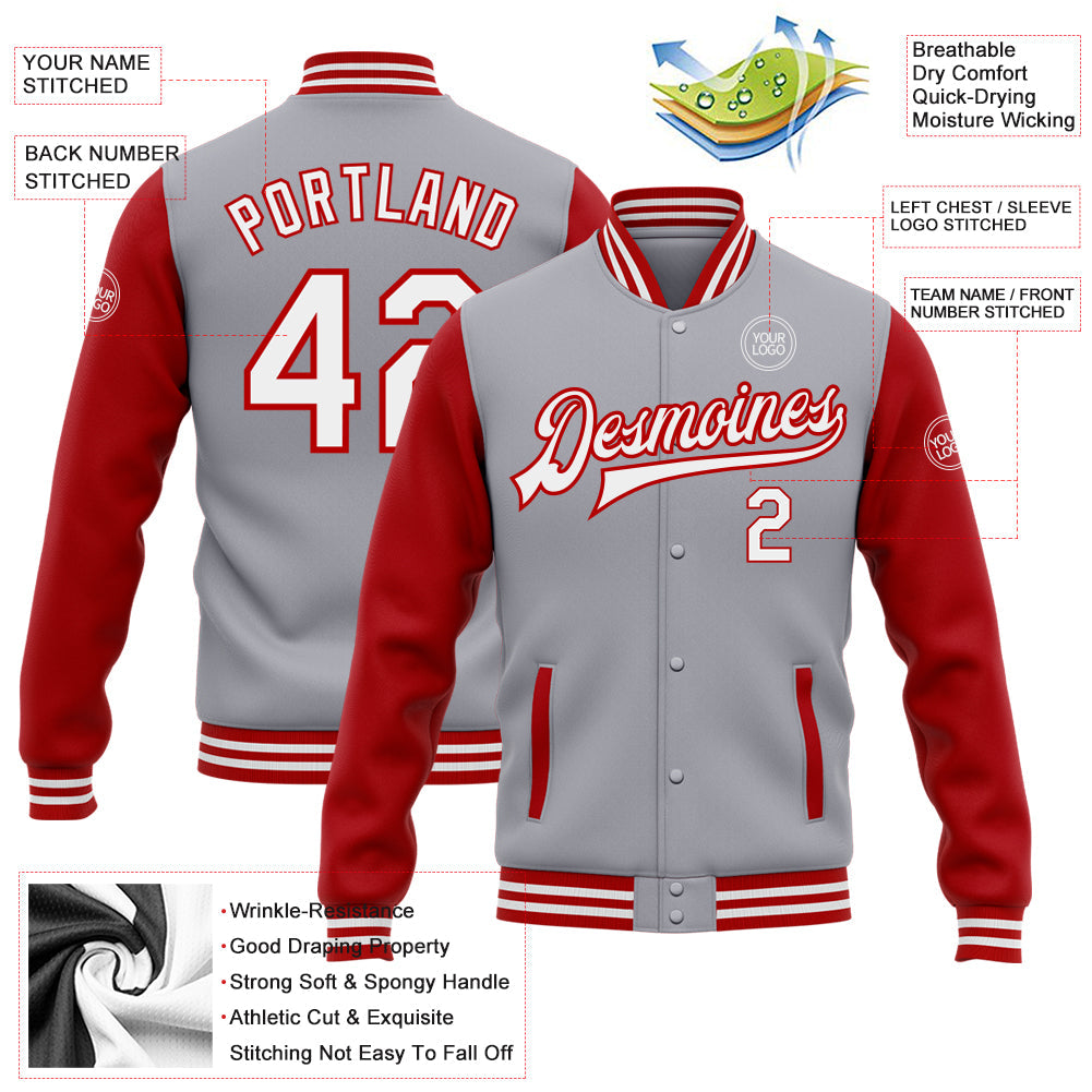 Custom Gray White-Red Bomber Full-Snap Varsity Letterman Two Tone Jacket view 5
