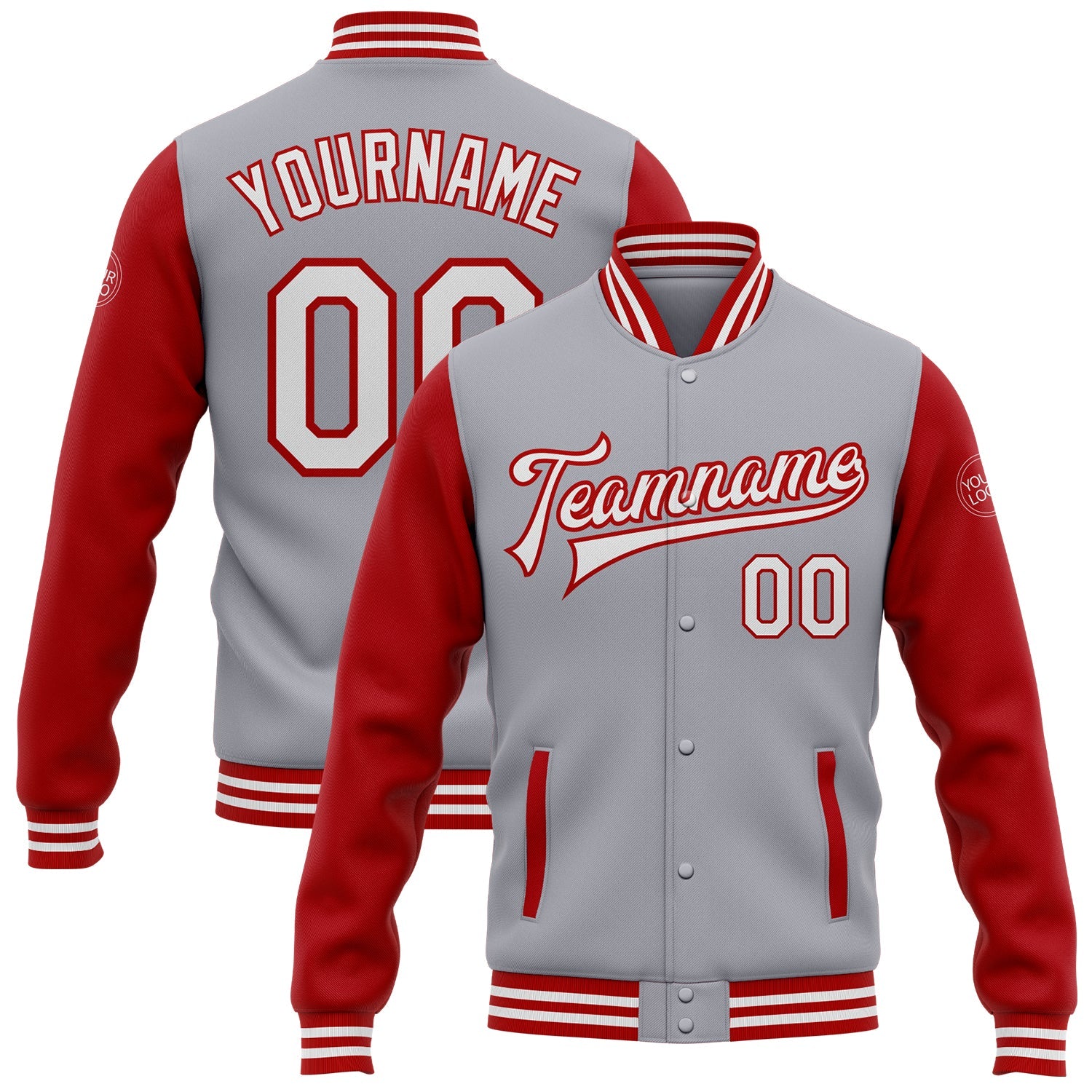 Custom Gray White-Red Bomber Full-Snap Varsity Letterman Two Tone Jacket - Main View