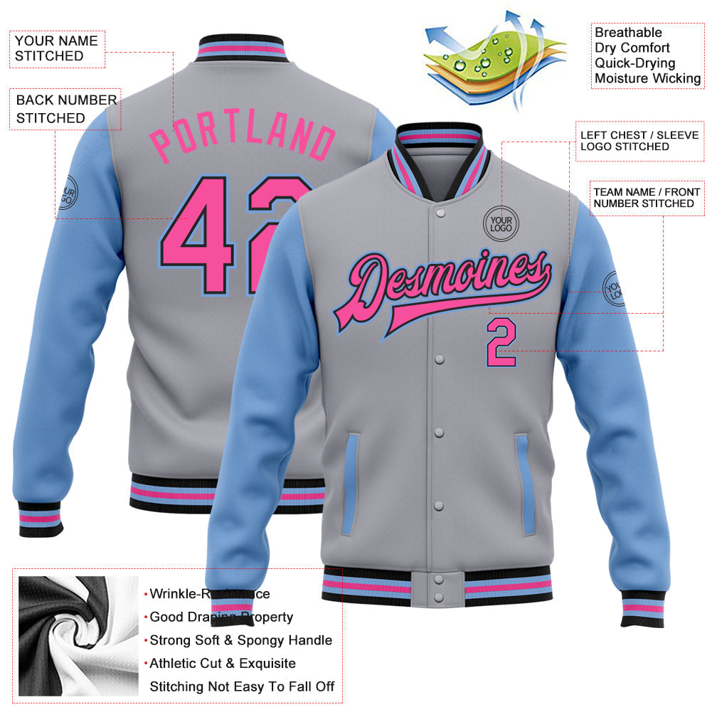 Custom Gray Pink Black-Light Blue Bomber Full-Snap Varsity Letterman Two Tone Jacket view 5