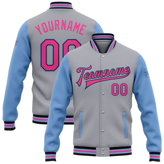 Custom Gray Pink Black-Light Blue Bomber Full-Snap Varsity Letterman Two Tone Jacket - Main View