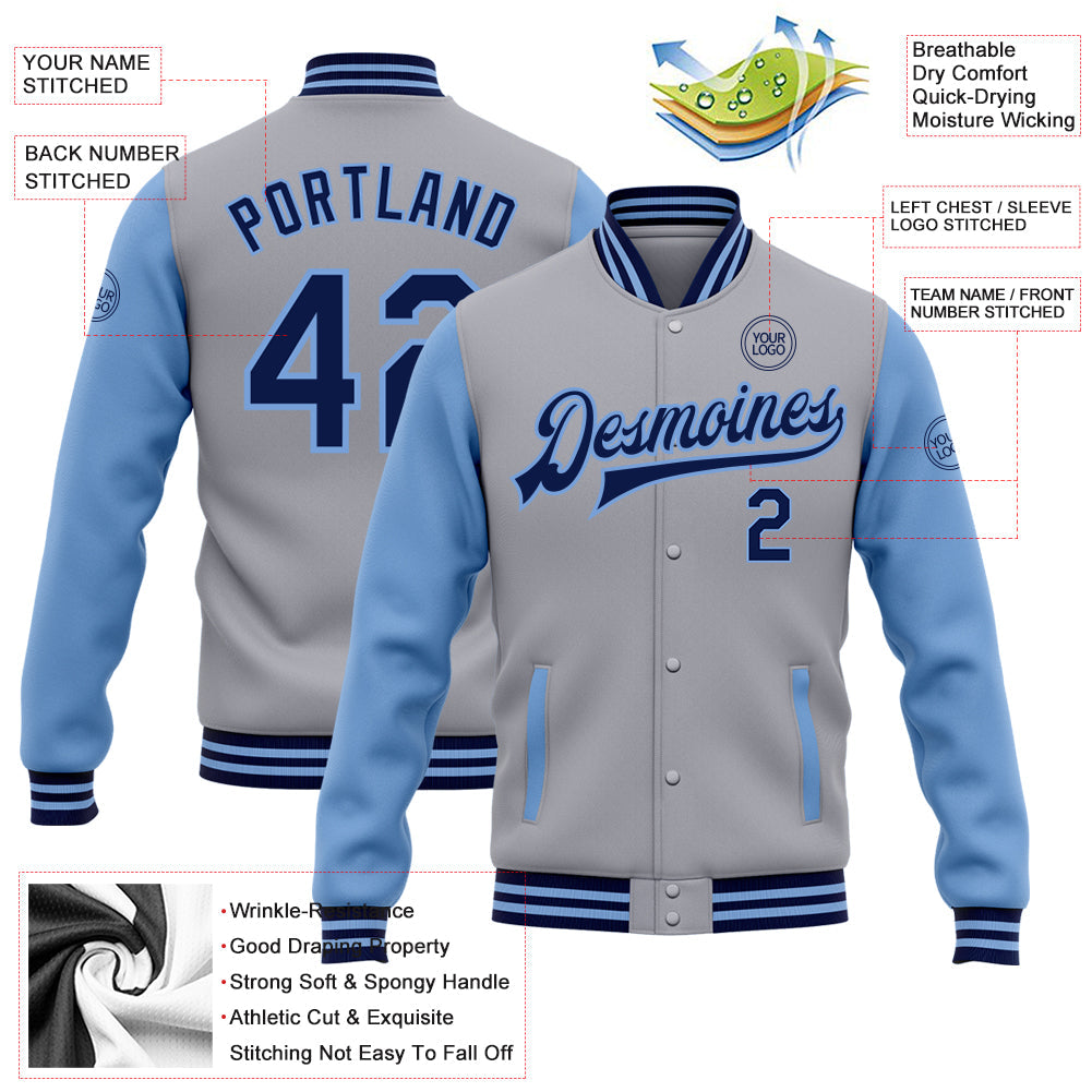 Custom Gray Navy-Light Blue Bomber Full-Snap Varsity Letterman Two Tone Jacket view 5