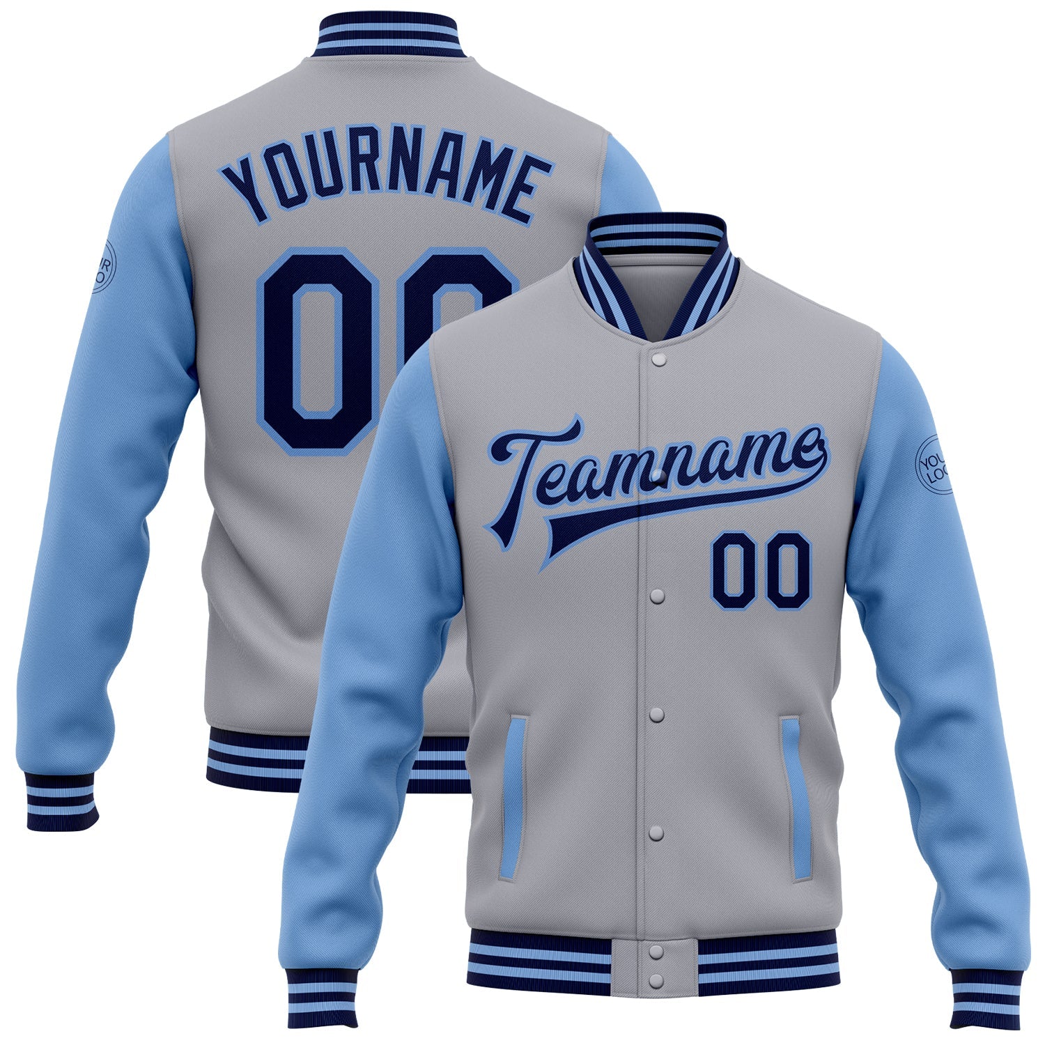 Custom Gray Navy-Light Blue Bomber Full-Snap Varsity Letterman Two Tone Jacket - Main View