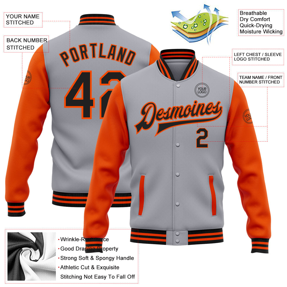Custom Gray Black-Orange Bomber Full-Snap Varsity Letterman Two Tone Jacket view 5