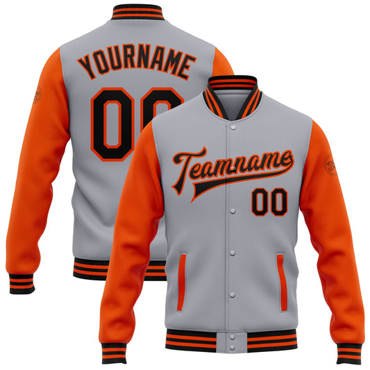 Custom Gray Black-Orange Bomber Full-Snap Varsity Letterman Two Tone Jacket - Main View