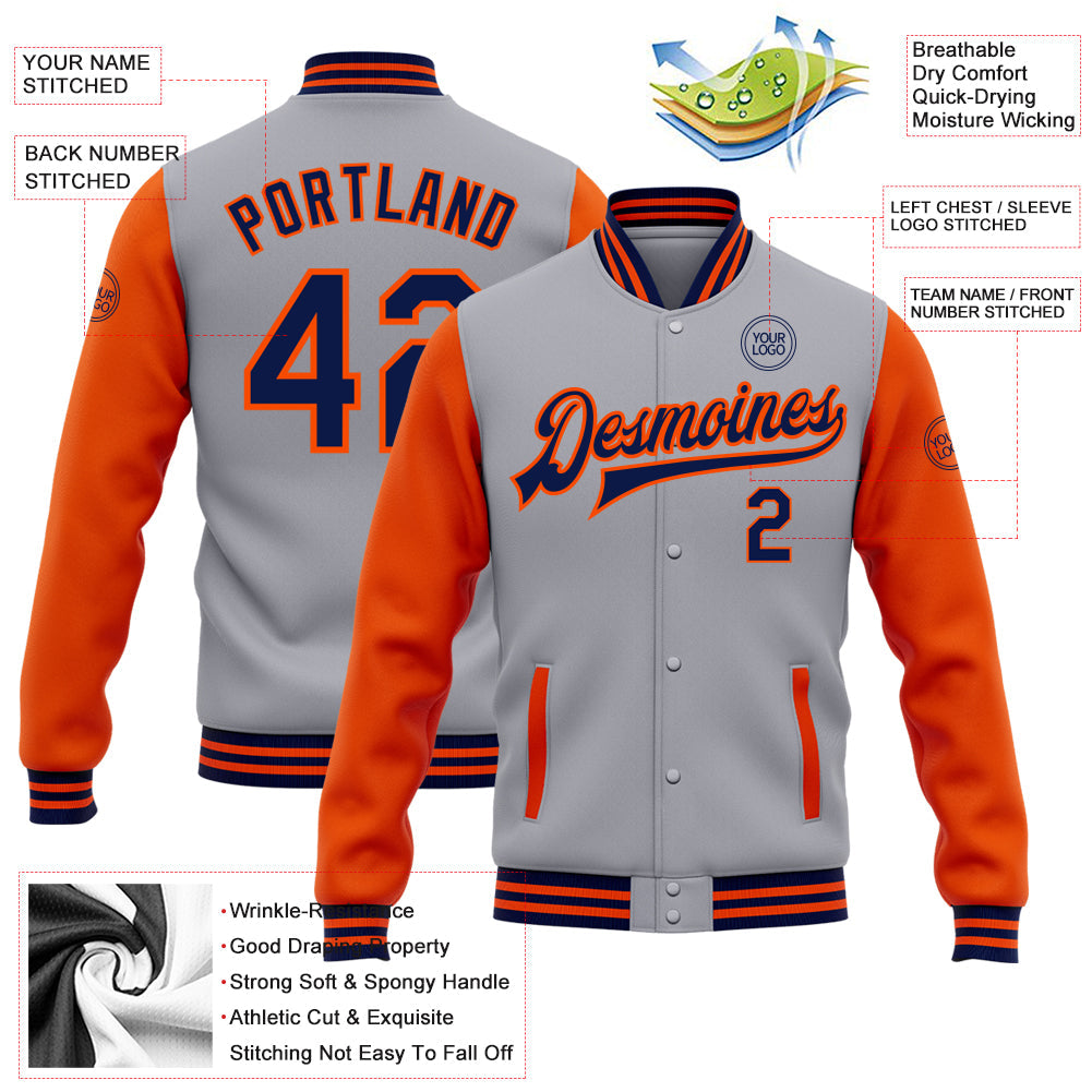 Custom Gray Navy-Orange Bomber Full-Snap Varsity Letterman Two Tone Jacket view 5