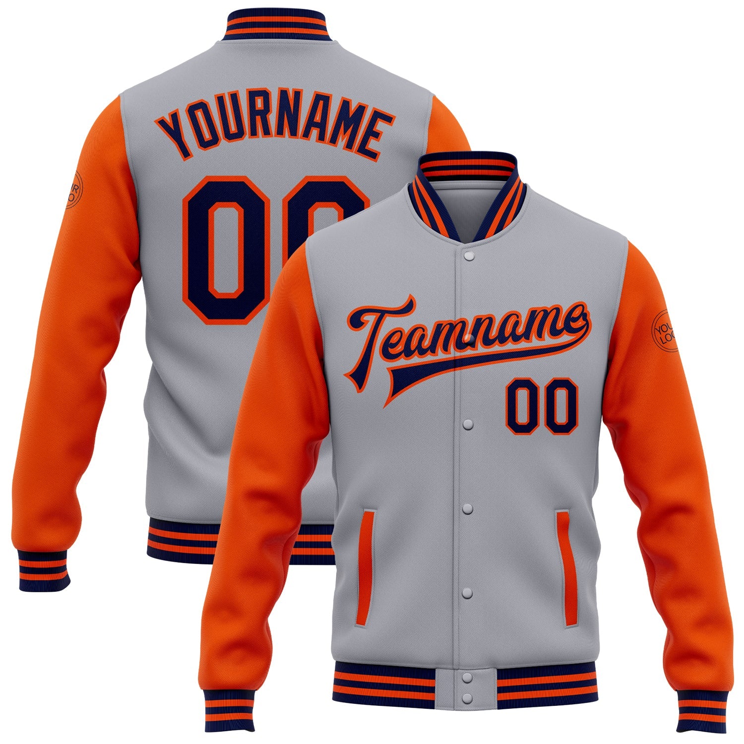 Custom Gray Navy-Orange Bomber Full-Snap Varsity Letterman Two Tone Jacket - Main View