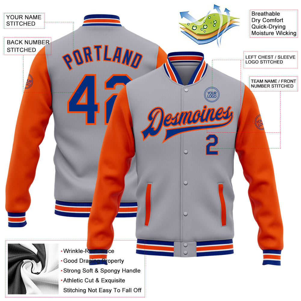 Custom Gray Royal-Orange Bomber Full-Snap Varsity Letterman Two Tone Jacket view 5