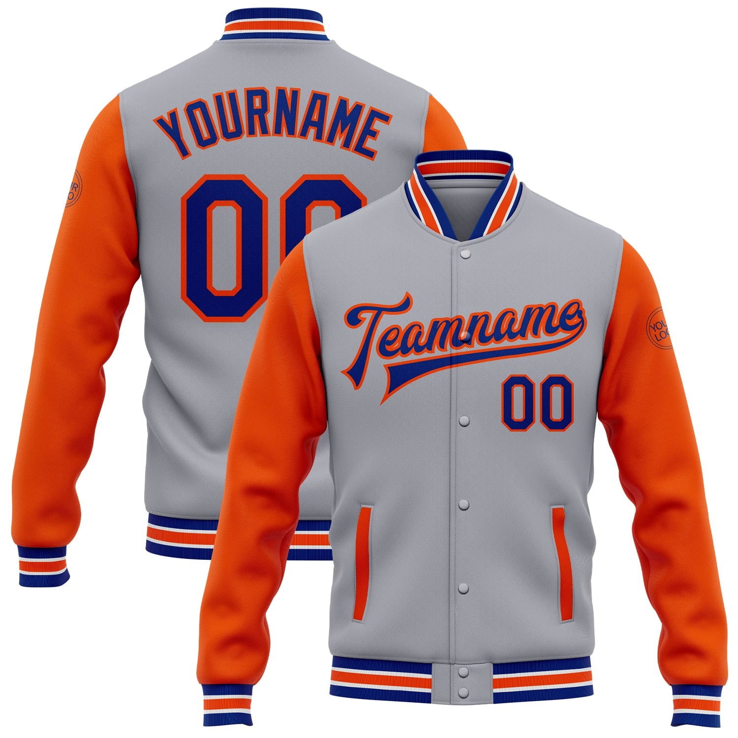 Custom Gray Royal-Orange Bomber Full-Snap Varsity Letterman Two Tone Jacket - Main View