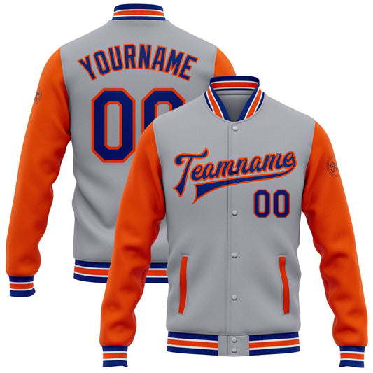 Custom Gray Royal-Orange Bomber Full-Snap Varsity Letterman Two Tone Jacket - Main View