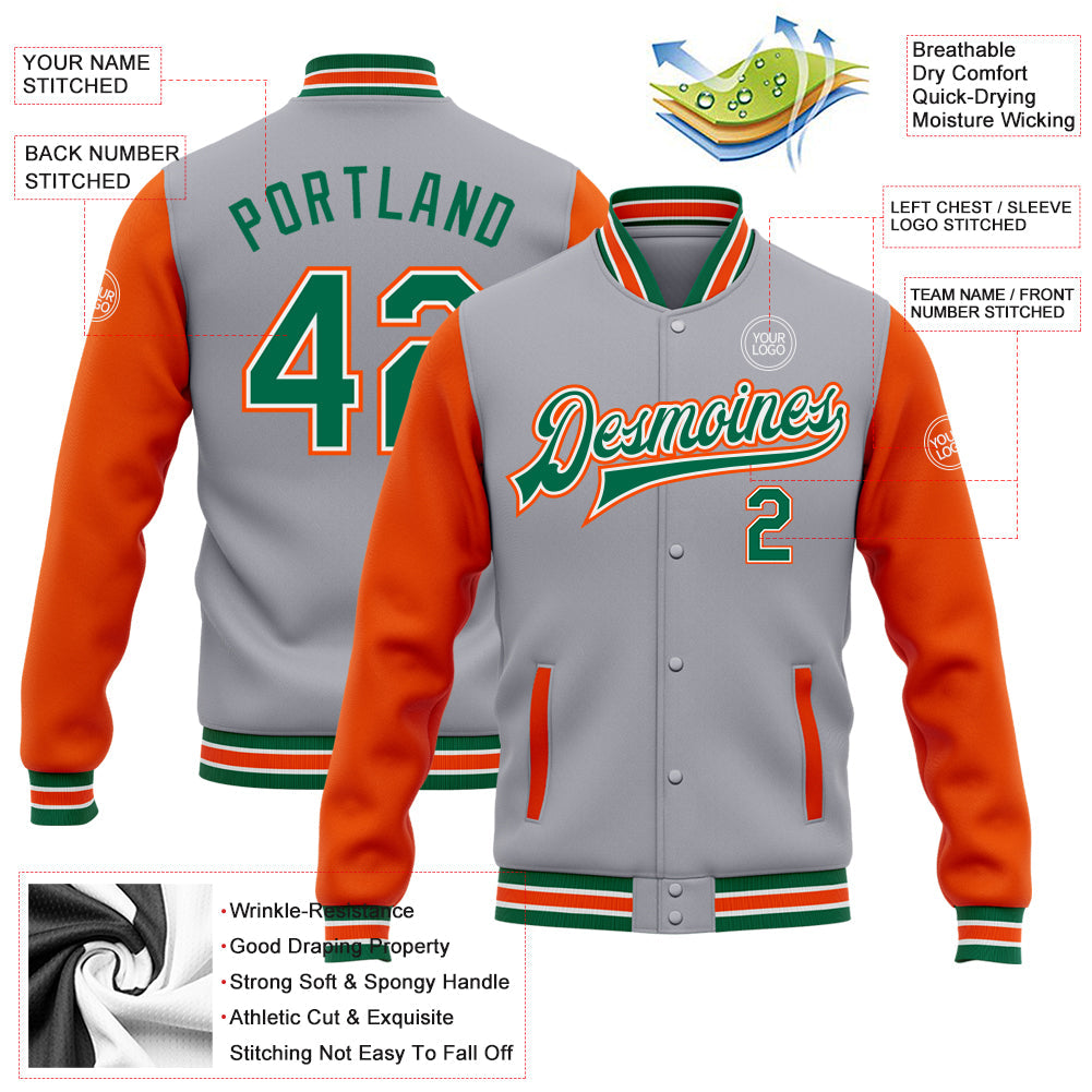 Custom Gray Kelly Green-Orange Bomber Full-Snap Varsity Letterman Two Tone Jacket view 5