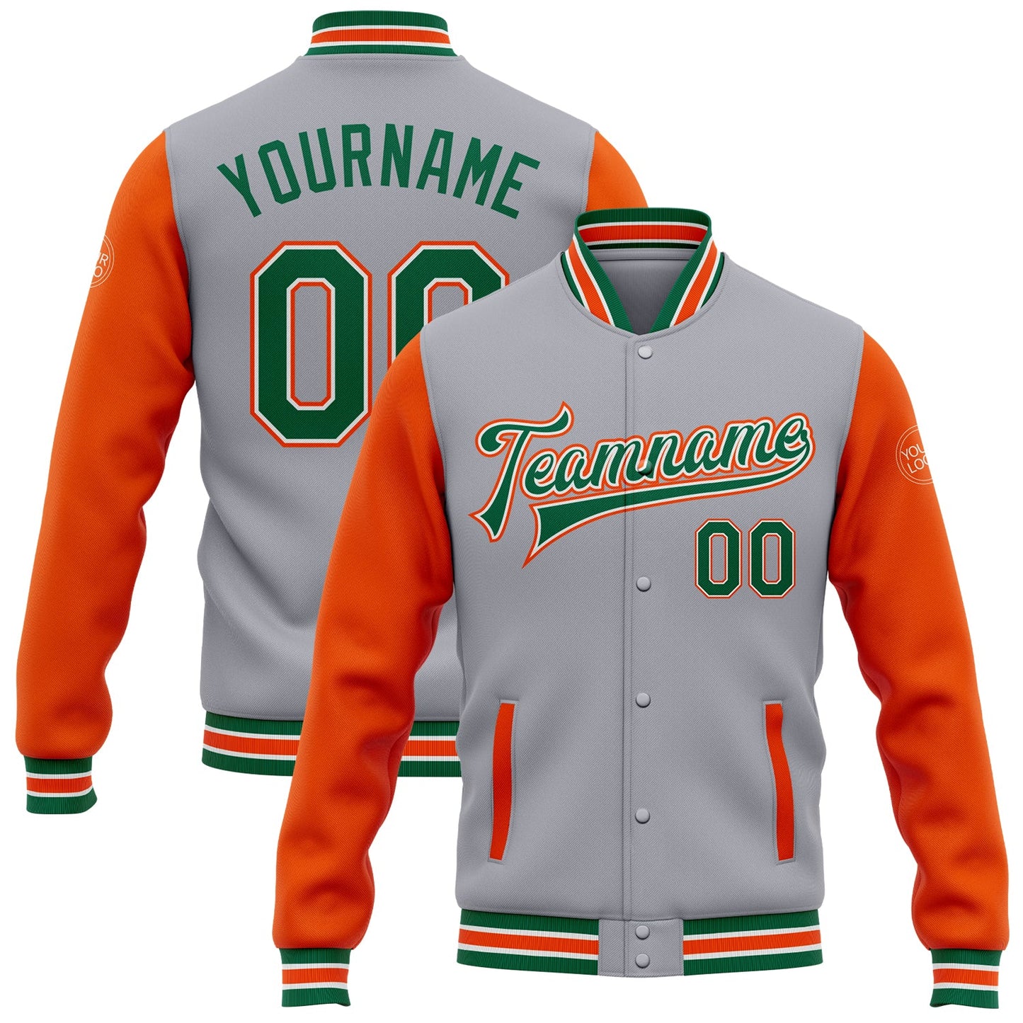 Custom Gray Kelly Green-Orange Bomber Full-Snap Varsity Letterman Two Tone Jacket - Main View