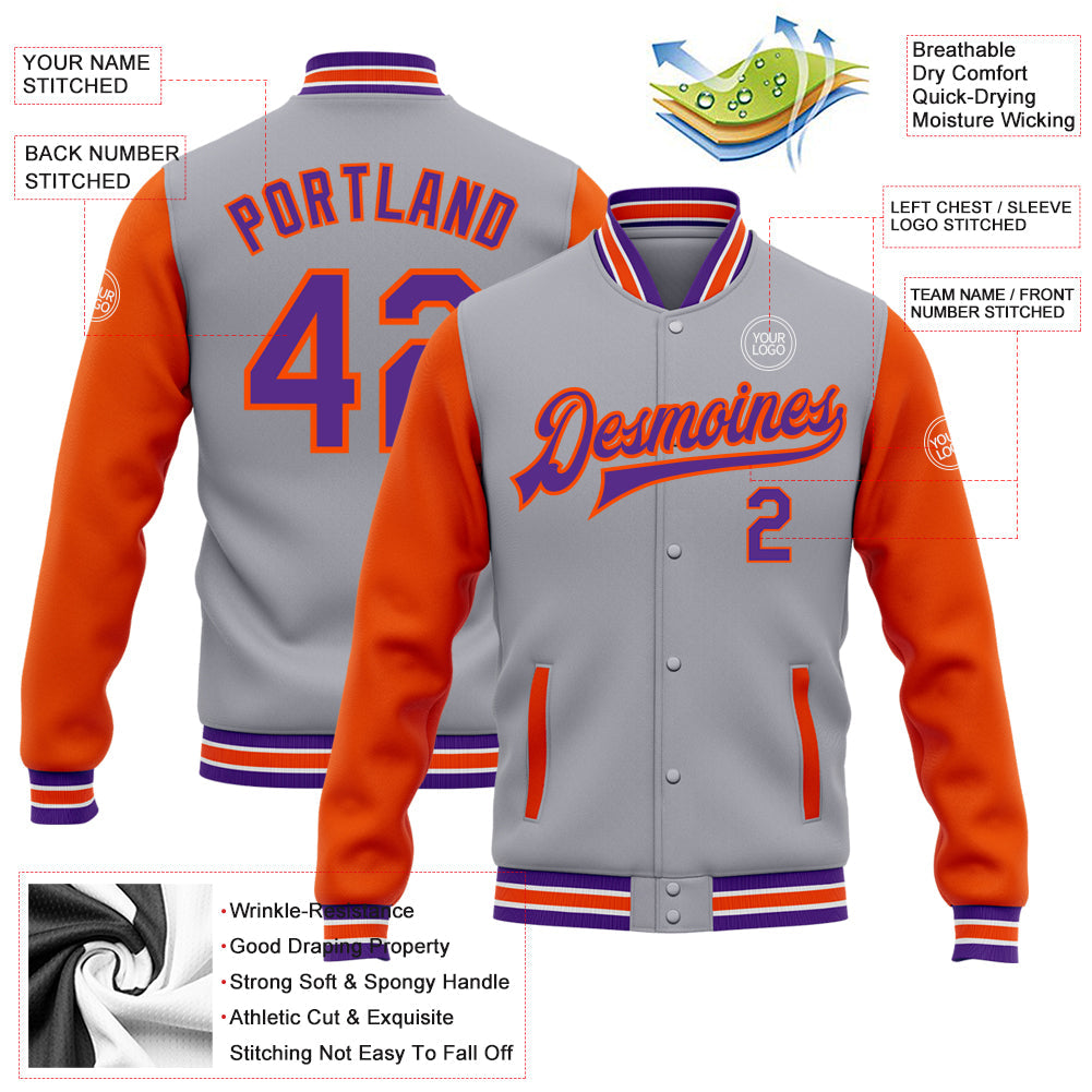 Custom Gray Purple-Orange Bomber Full-Snap Varsity Letterman Two Tone Jacket view 5