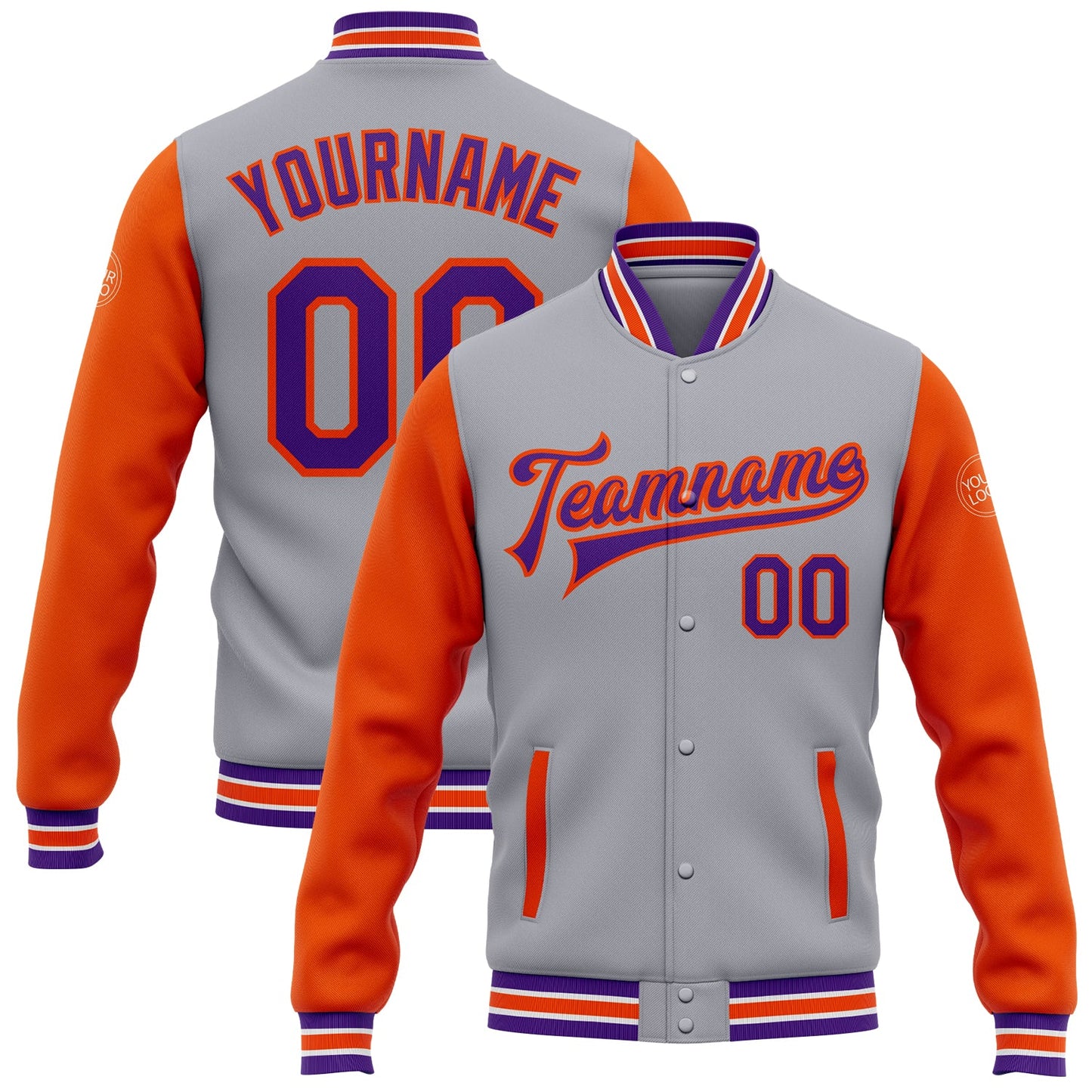 Custom Gray Purple-Orange Bomber Full-Snap Varsity Letterman Two Tone Jacket - Main View