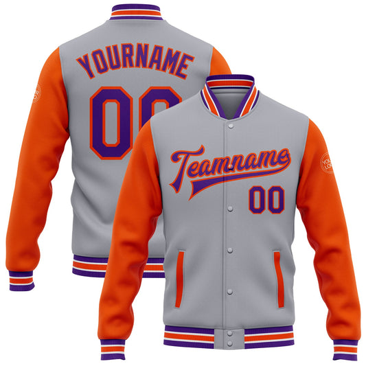 Custom Gray Purple-Orange Bomber Full-Snap Varsity Letterman Two Tone Jacket - Main View