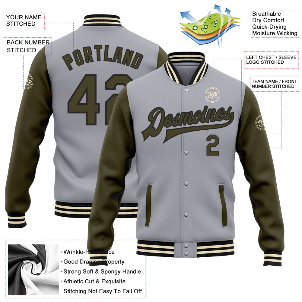 Custom Gray Olive Black-Cream Bomber Full-Snap Varsity Letterman Two Tone Jacket view 5
