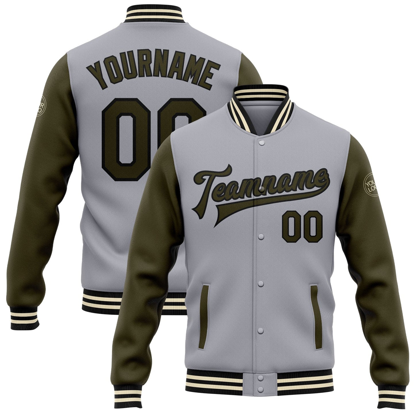 Custom Gray Olive Black-Cream Bomber Full-Snap Varsity Letterman Two Tone Jacket - Main View